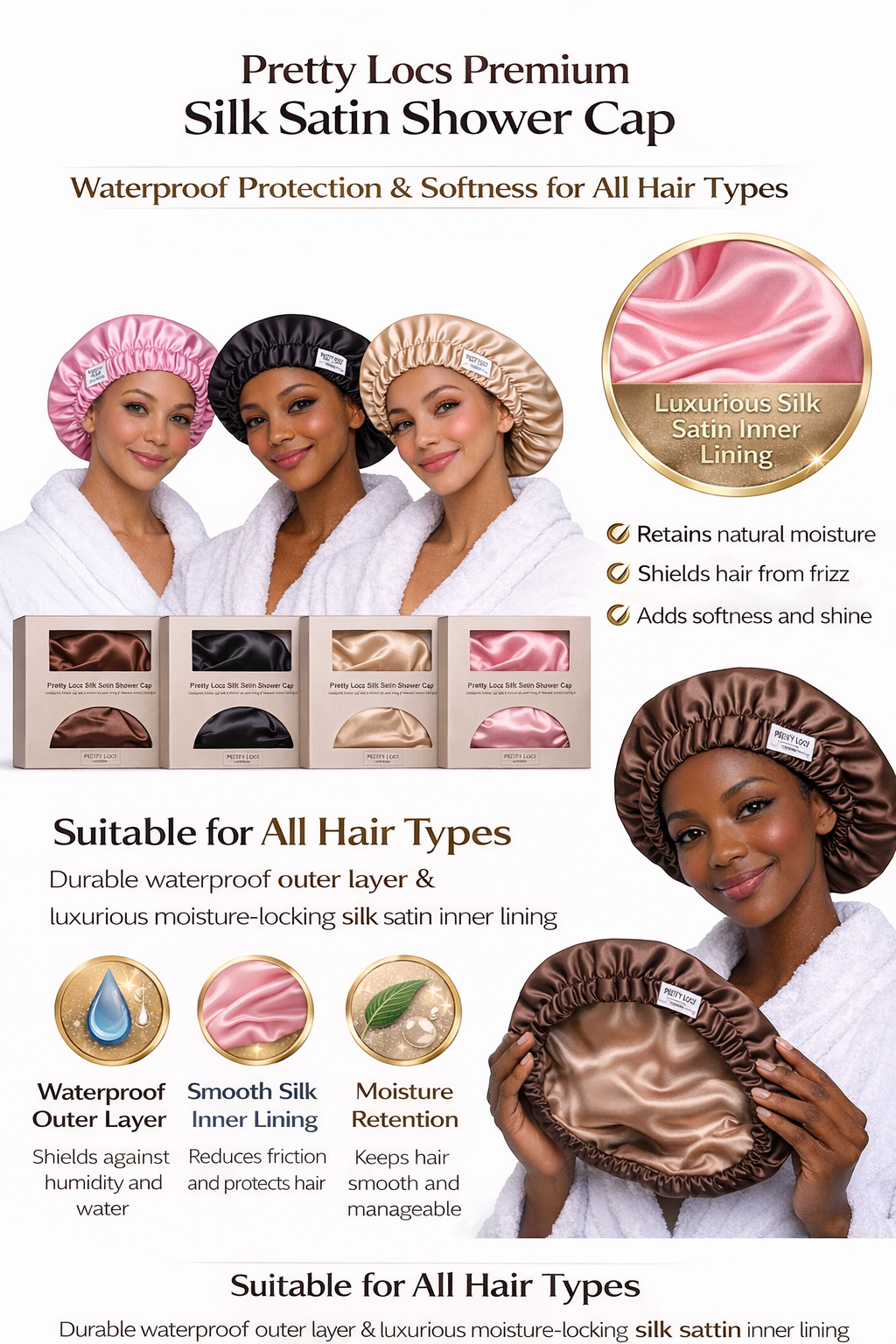 Premium Silk Satin Shower Cap (Color Options)