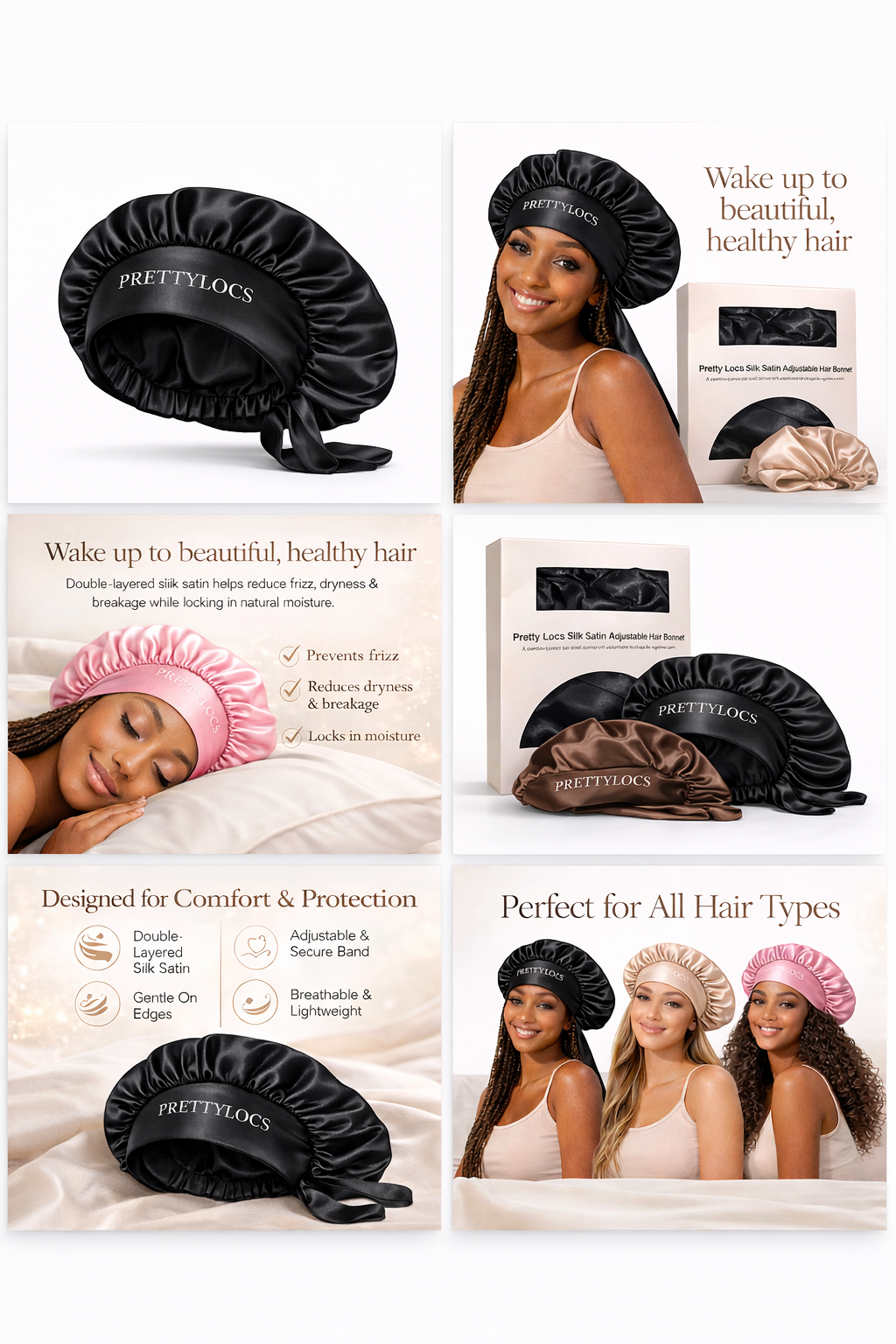 Silk Satin Adjustable Tie Hair Bonnet (Color Options)