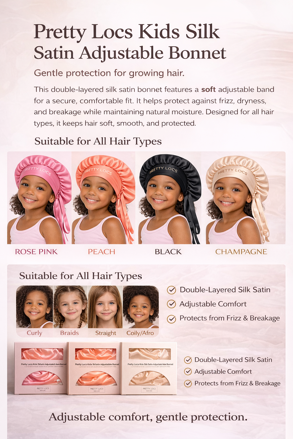 Kids Silk Satin Adjustable Tie Hair Bonnet (Color Options)