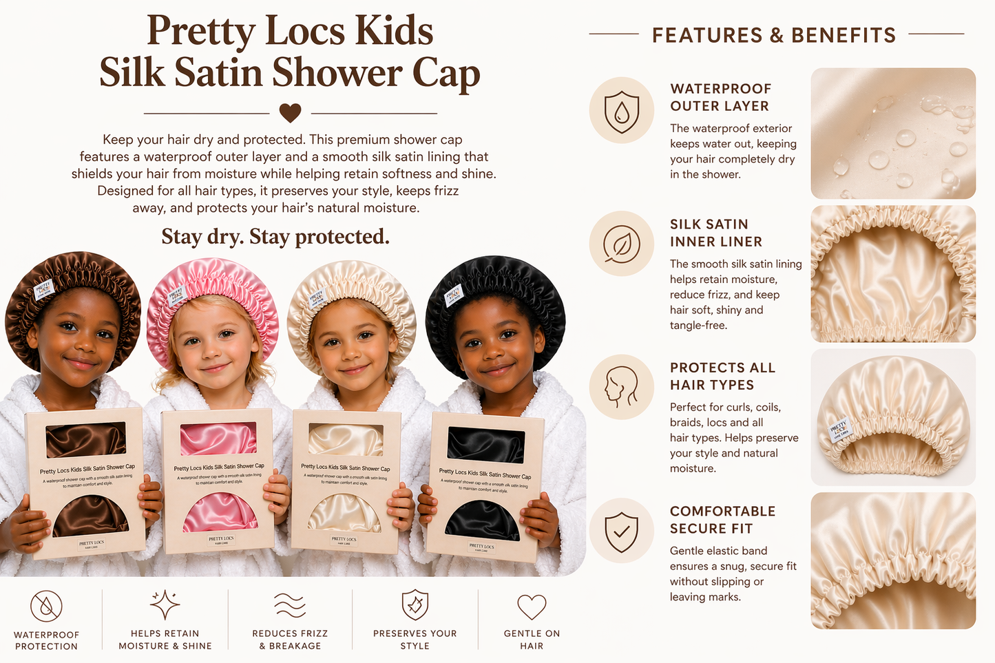 Kids Premium Silk Satin Shower Cap (Color Options)