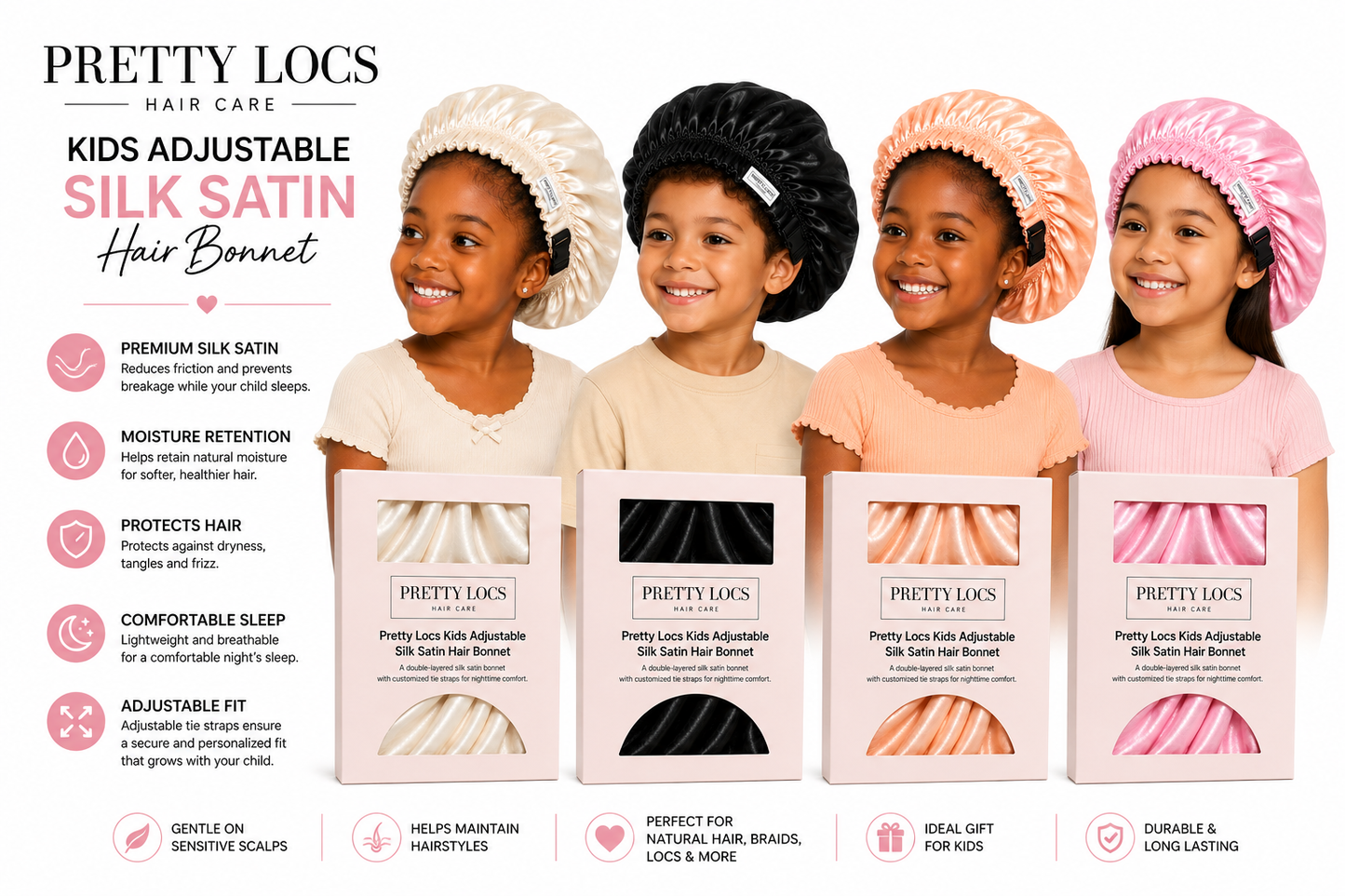 Kids Silk Satin Hair Bonnet (Color Options)